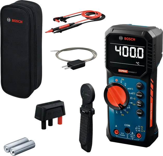 Kit multimètre numérique Bosch EXDM600-17 avec accessoires.