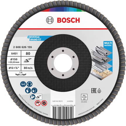 Disque à lamelles Bosch X451 150 mm G80 pour matériaux multiples.