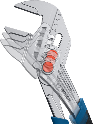 Clé réglable à poignée bleue illustrant le mouvement de la mâchoire.