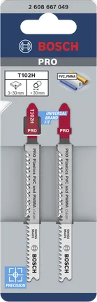 Lames de scie sauteuse Bosch PRO Plastics T102H pour le nettoyage du PVC et du PMMA.
