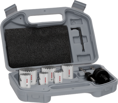Ensemble de scies cloches filetées multi-matériaux Bosch dans un coffret.