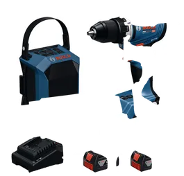 Kit combiné Bosch comprenant une perceuse, une radio de chantier, un chargeur et deux batteries.