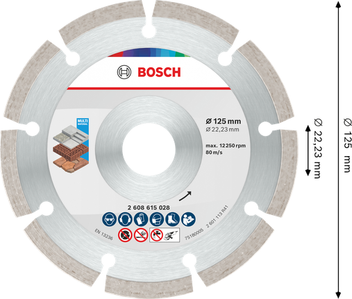 Disque de coupe diamant multi-matériaux Bosch 125 mm pour diverses surfaces.