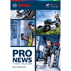 Couverture d'une revue avec des images d'outils Bosch, des travailleurs en action, fond bleu et texte en blanc.