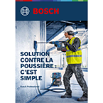 Un homme en gilet jaune utilise un outil Bosch Professional sur un mur en béton, ambiance de chantier.