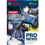 Un magazine Bosch Professional avec un perçage bleu sur une surface grise, affichant des performances élevées.