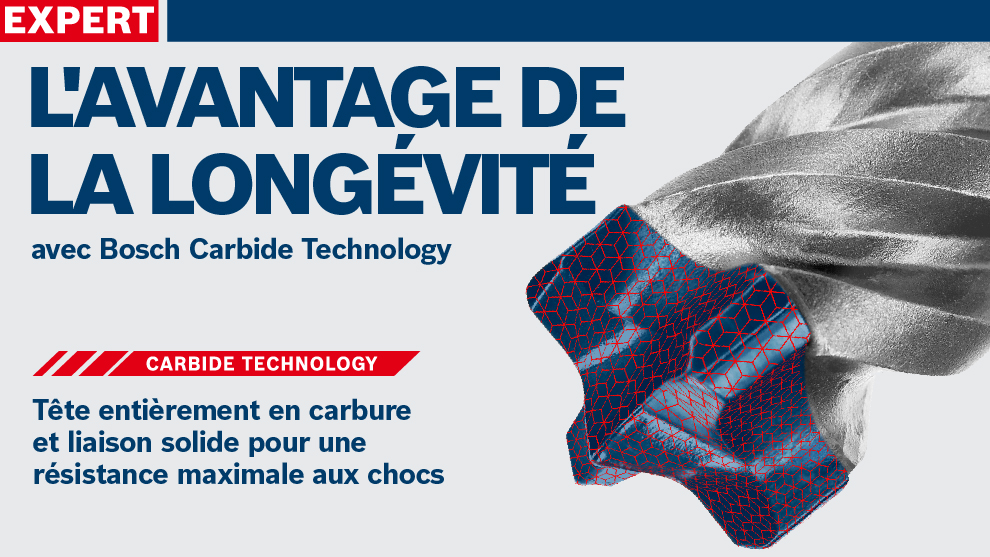 Foret en carbure avec motif rouge et noir, logo Bosch en haut à gauche.
