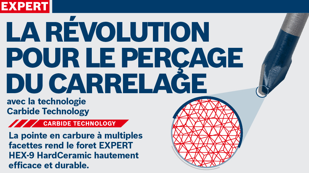 Un foret EXPERT HEX-9 sur un fond clair, texte en bleu et rouge, technologie Carbide.