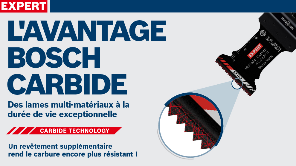 Lame Bosch Expert Carbide avec marquage rouge et noir sur fond clair.