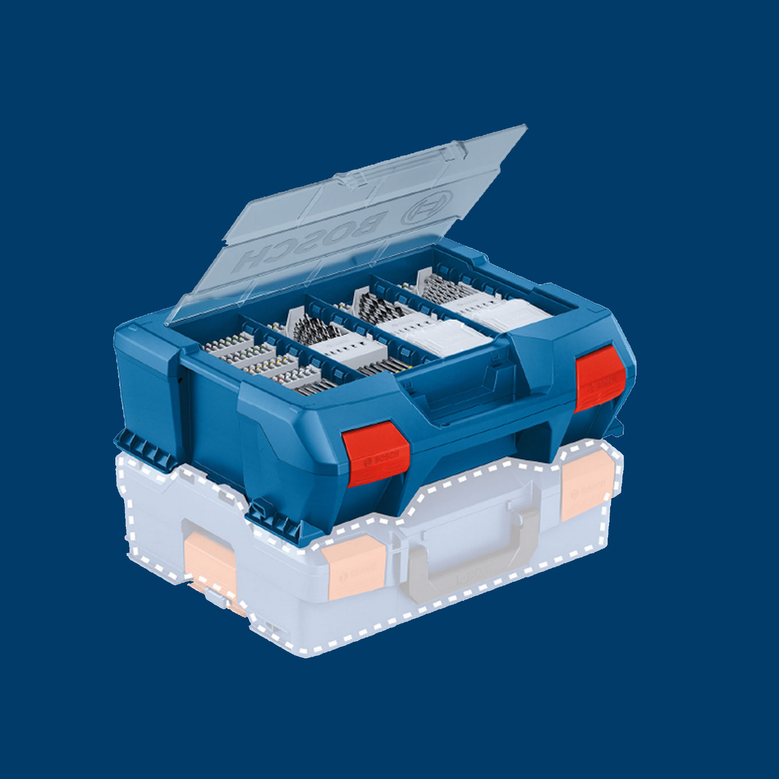 Boîte à outils Bosch Professional bleue ouverte, avec pièces et accessoires à l'intérieur.