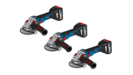 Trois meuleuses d'angle Bosch Professional, noir et bleu, alignées sur un fond blanc.