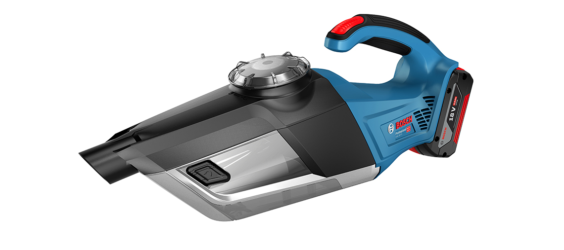 Aspirateur sans fil Bosch Professional bleu et noir sur fond blanc.