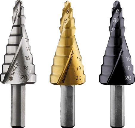 Bosch step drill bits with nine-stage cylindrical design.