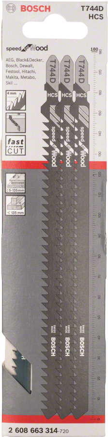 Bosch jigsaw blade T 744 D for fast wood cutting.