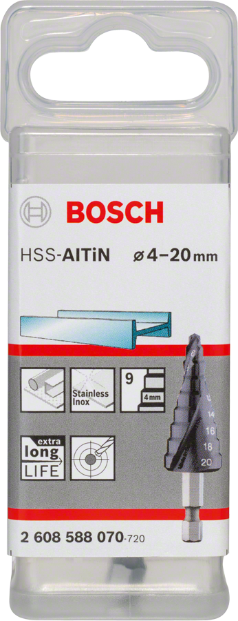 Bosch HSS-AlTiN step drill bit 4-20mm for stainless steel.