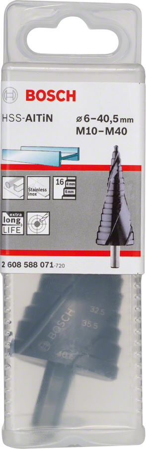 Bosch HSS-AlTiN step drill bit for M10-M40 holes.