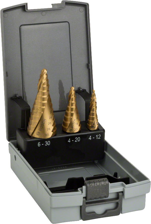 Bosch 3-piece HSS-TiN step drill bit set in case.