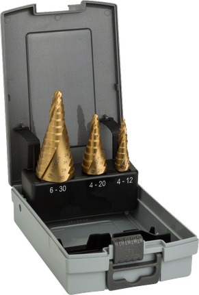 Bosch 3-piece HSS-TiN step drill bit set in case.