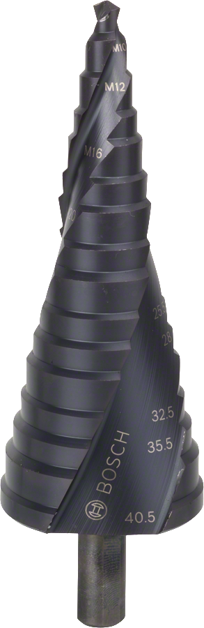 Bosch HSS-AlTiN step drill bit for M10-M40 holes.