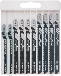 Bosch 10-piece jigsaw blade set for wood cutting.