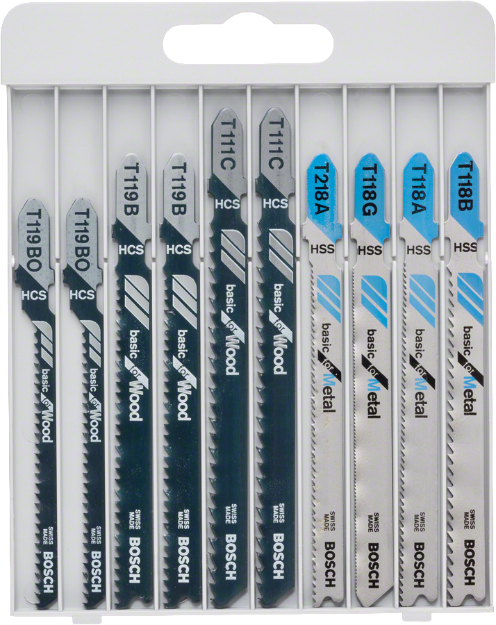 Bosch 10-piece jigsaw blade set for wood and metal.