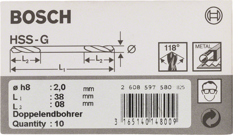 Bosch 2.0 mm double-ended drill bits.