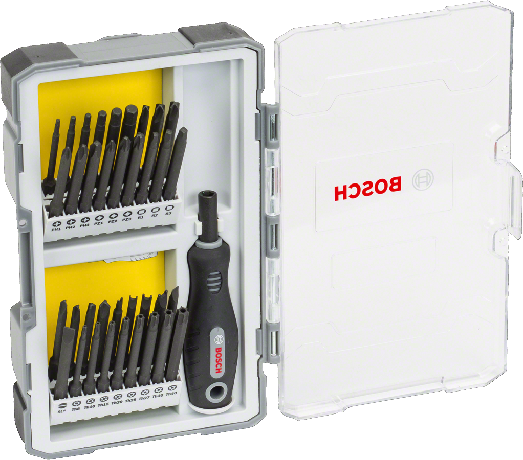 Bosch 37-piece screwdriver set with handle and bit holder.