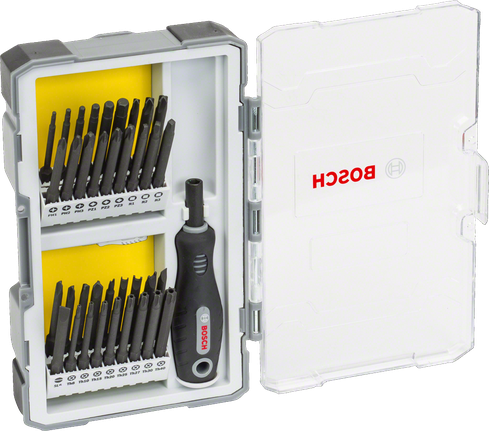 Bosch 37-piece screwdriver set with handle and bit holder.
