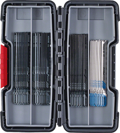 Bosch jigsaw blade set in plastic storage case.
