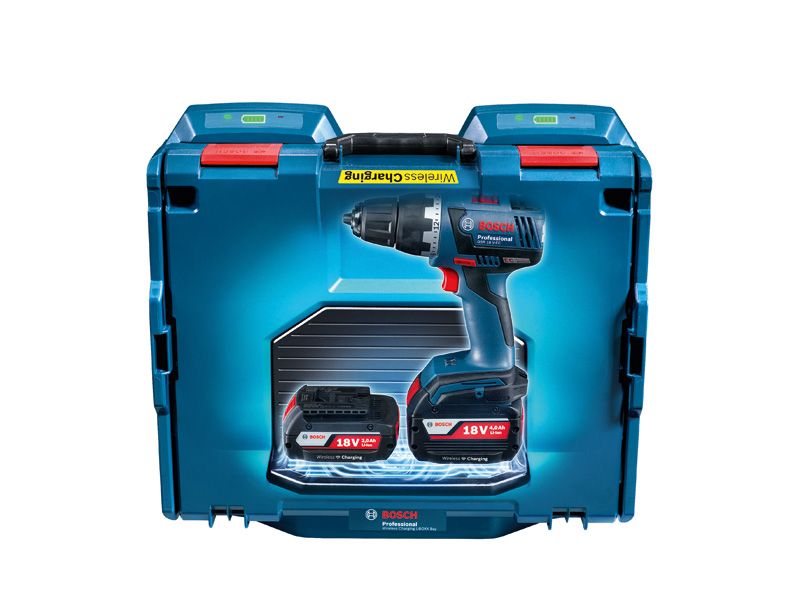 Bosch cordless drill with 18V wireless charging case.