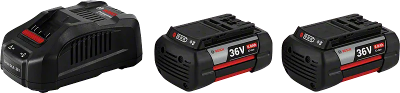 Bosch 36V battery starter set with charger and two batteries.