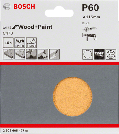 Bosch 10-piece C470 sanding sheet set, 115 mm grit 60.