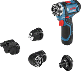 Bosch GSR 12V-15 FC cordless drill set with four attachments.
