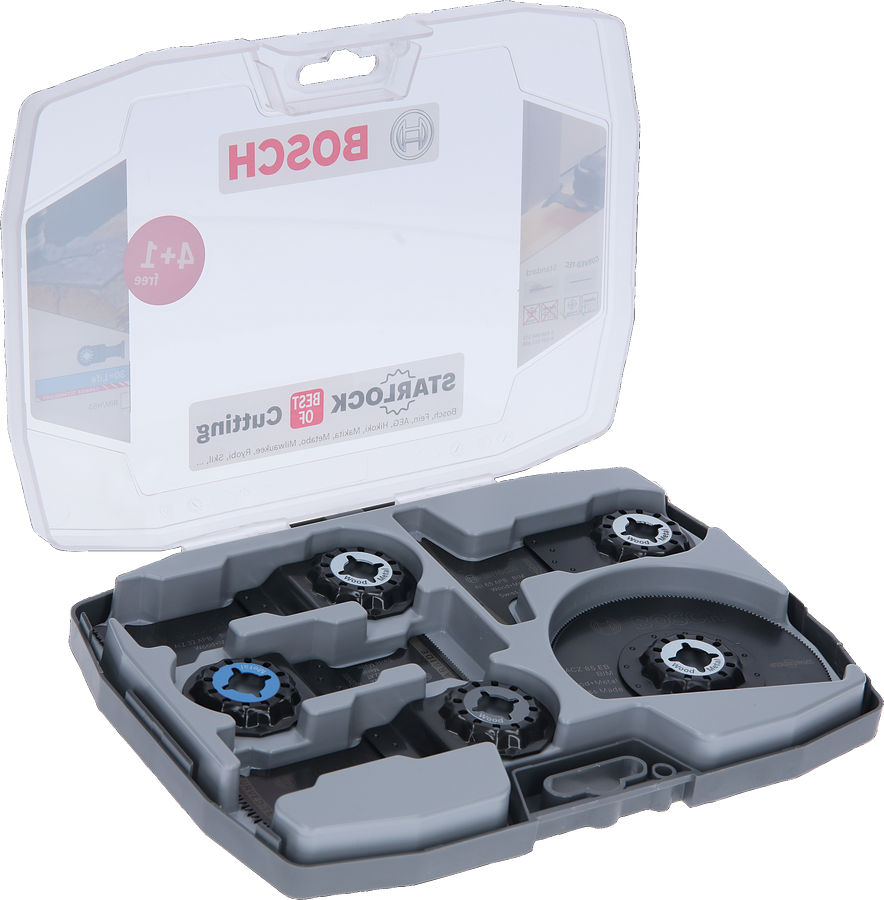 Bosch 5-piece wood and metal multitool cutting set in case.
