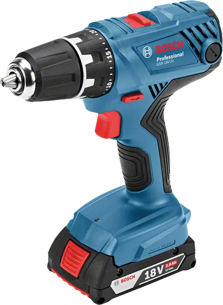 Bosch GSR 18V-21 cordless drill with 2.0Ah battery.