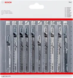 Bosch 10-piece T-Shank jigsaw blade set.