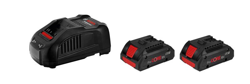Bosch starter set with two 18V ProCORE 4.0Ah batteries and charger.