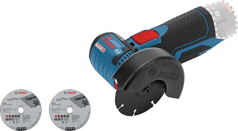Bosch GWS 12V-76 angle grinder with two cutting discs.