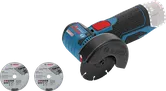 Bosch GWS 12V-76 angle grinder with two cutting discs.