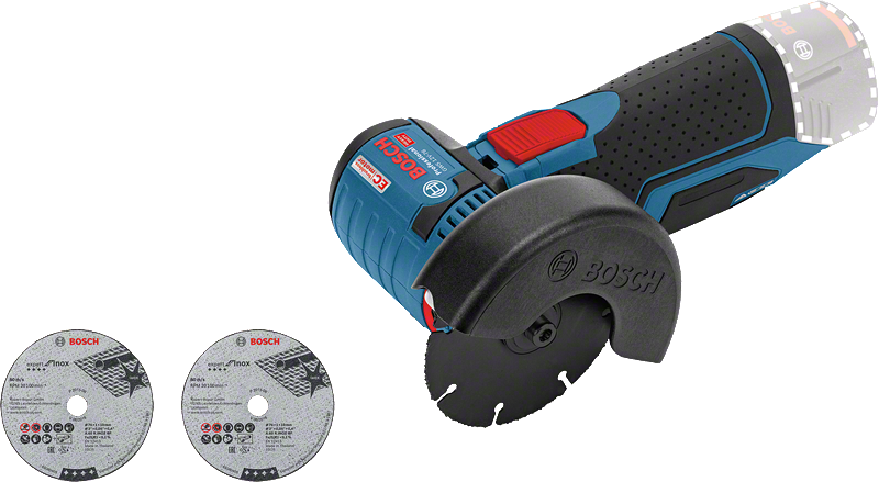 Bosch GWS 12V-76 angle grinder with two cutting discs.