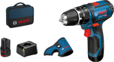 Bosch GSB 12V-15 cordless drill set with accessories.