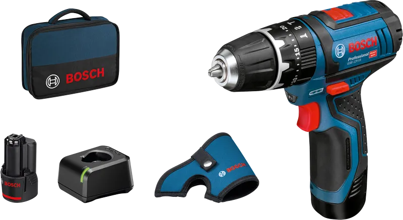 Bosch GSB 12V-15 cordless drill set with accessories.