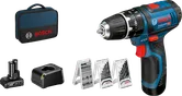 Bosch GSB 12V-15 cordless drill set with battery and bits.