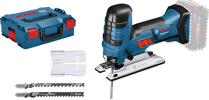 Bosch GST 18V-LI S cordless jigsaw with blades.