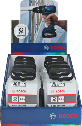Bosch PZ2 screwdriver bits 25-pack display box.