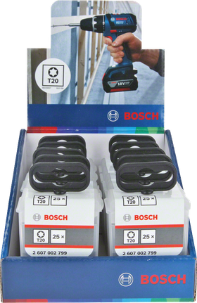 Bosch T20 screwdriver bits 25-pack retail display.
