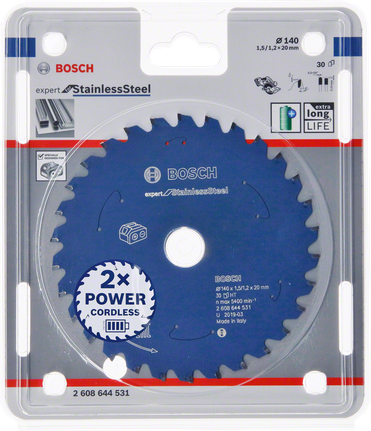 Bosch expert stainless steel cordless saw blade 140×1.5×20 mm.