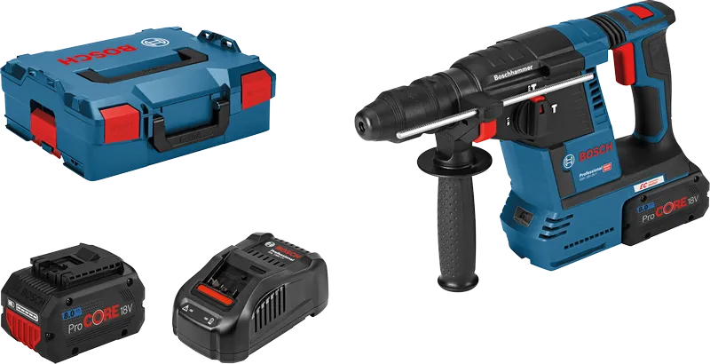 Bosch GBH 18V-26 F rotary hammer with battery, charger and case.