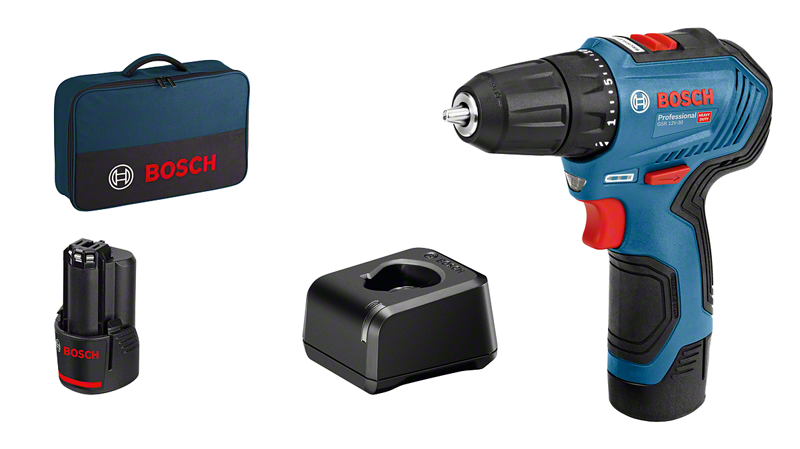 Bosch GSR 12V-30 cordless drill kit with battery and charger.