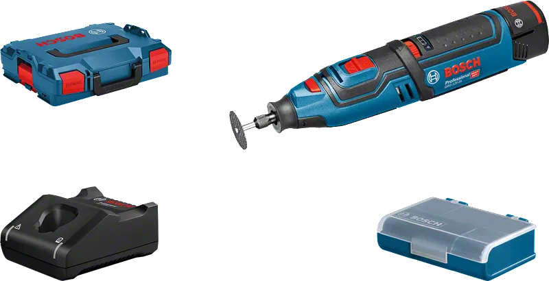 Bosch GRO 12V-35 rotary tool with accessories kit.